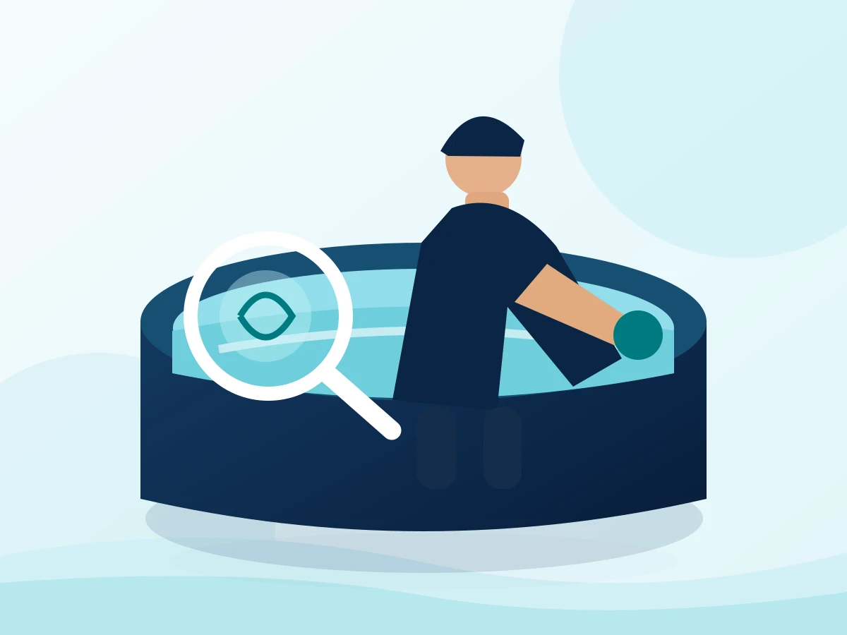 Illustration of technician assessing a water storage tank before cleaning