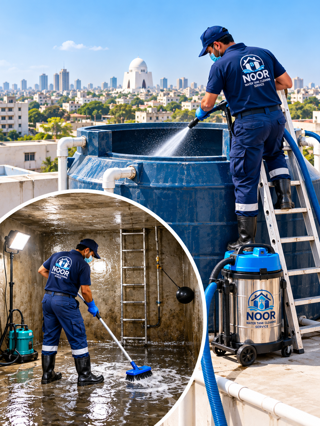 Underground and Overhead Water Tank Cleaning in Karachi Illustration of professional overhead and underground water tank cleaning services in Karachi